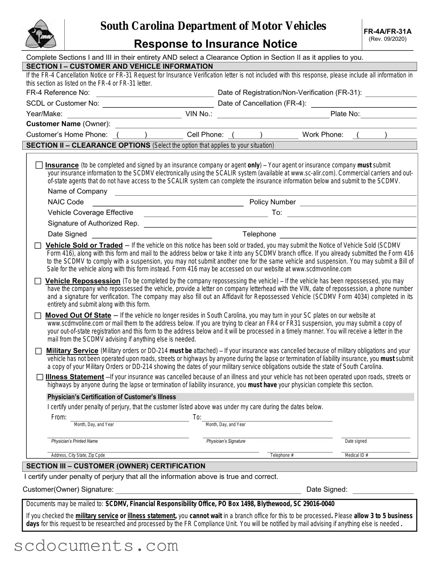 Blank Fr 31 South Carolina Dmv Template