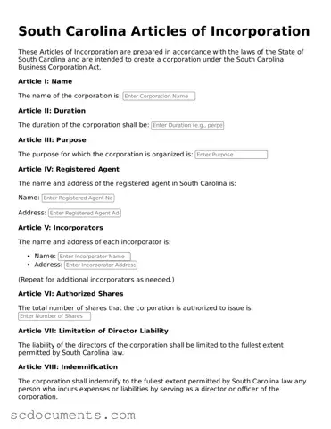 Legal South Carolina Articles of Incorporation Form