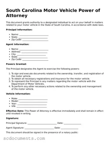 Legal South Carolina Motor Vehicle Power of Attorney Form