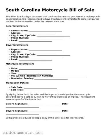 Legal South Carolina Motorcycle Bill of Sale Form