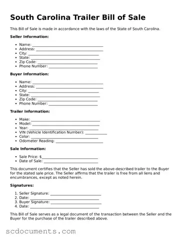 Legal South Carolina Trailer Bill of Sale Form