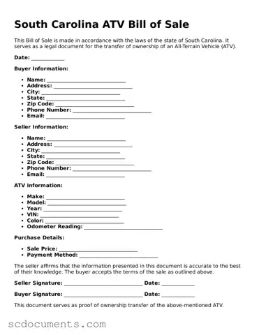 Legal South Carolina ATV Bill of Sale Form