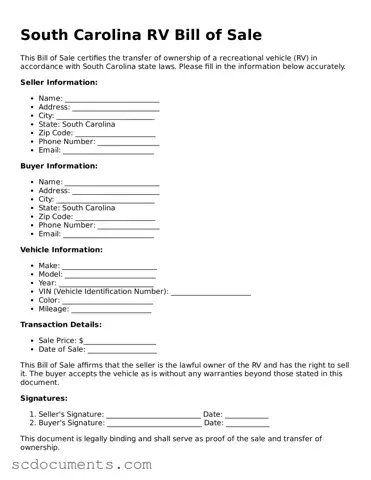 Legal South Carolina RV Bill of Sale Form