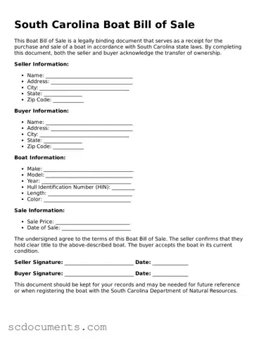 Legal South Carolina Boat Bill of Sale Form