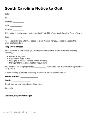 Legal South Carolina Notice to Quit Form