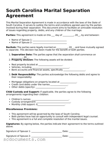 Legal South Carolina Marital Separation Agreement Form