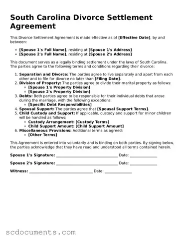 Legal South Carolina Divorce Settlement Agreement Form