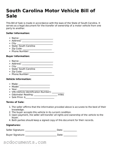 Legal South Carolina Motor Vehicle Bill of Sale Form