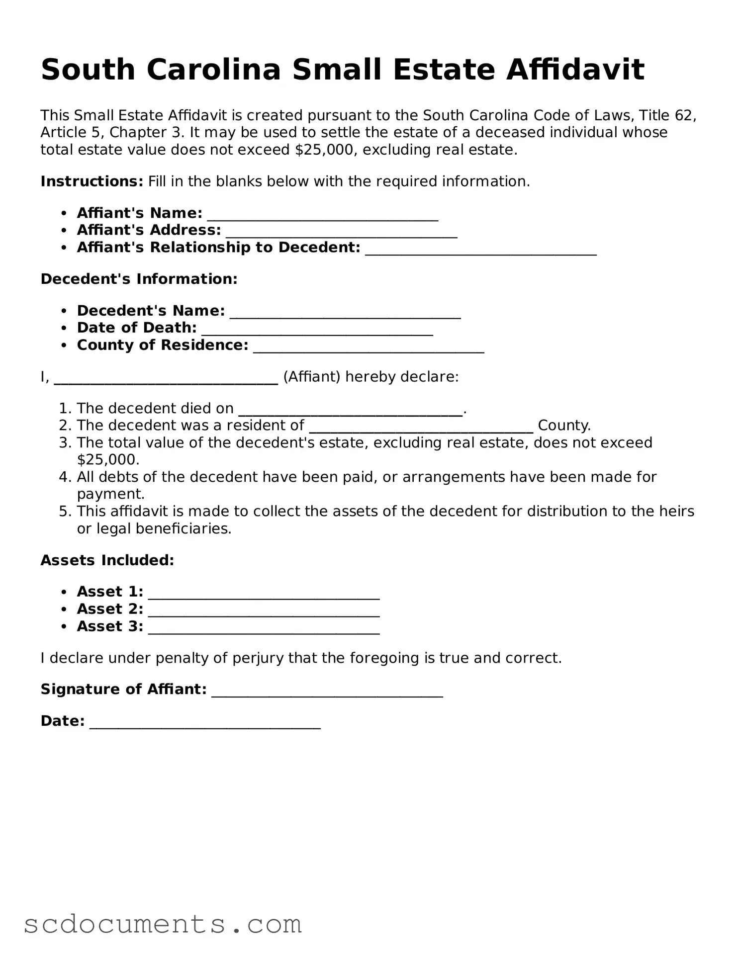 Legal South Carolina Small Estate Affidavit Form