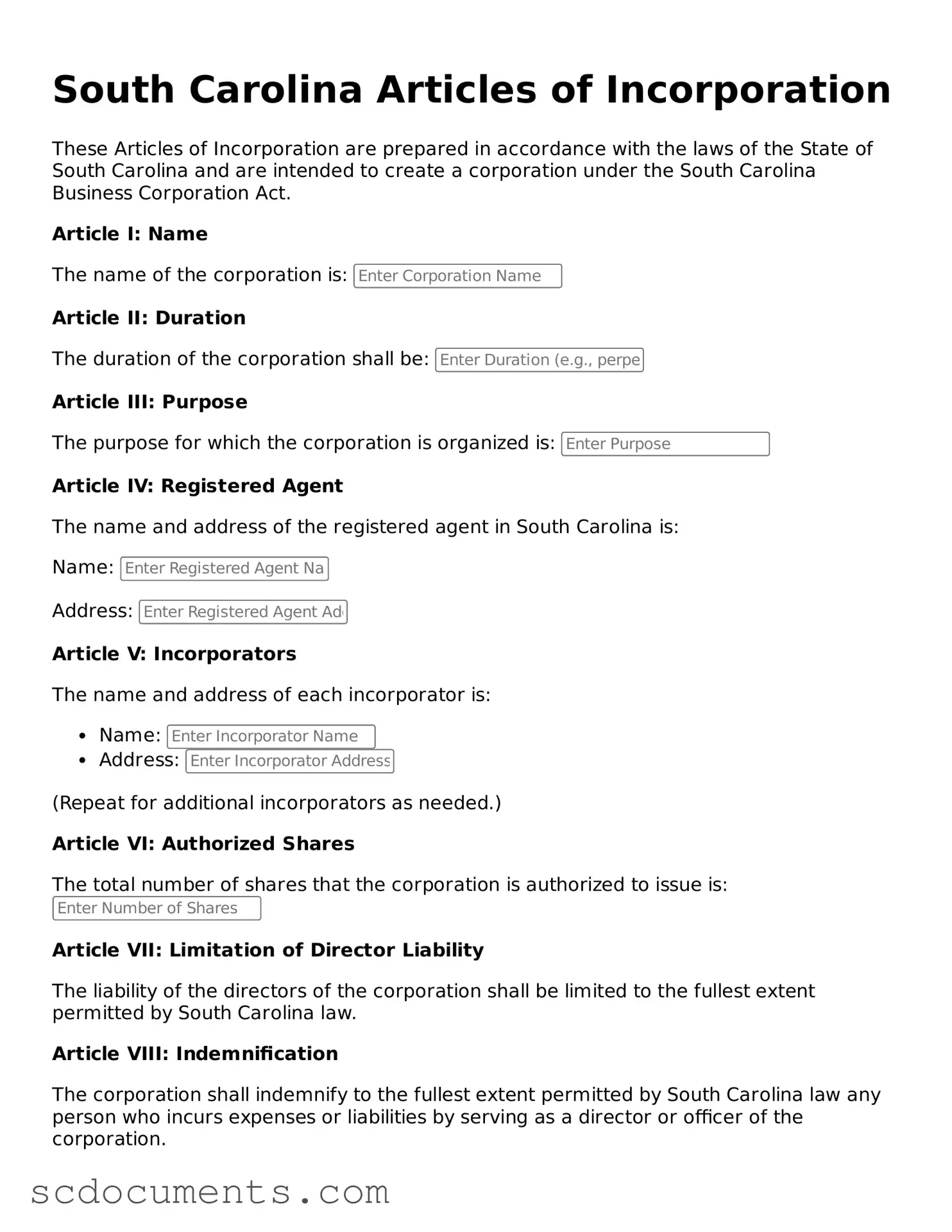 Legal South Carolina Articles of Incorporation Form
