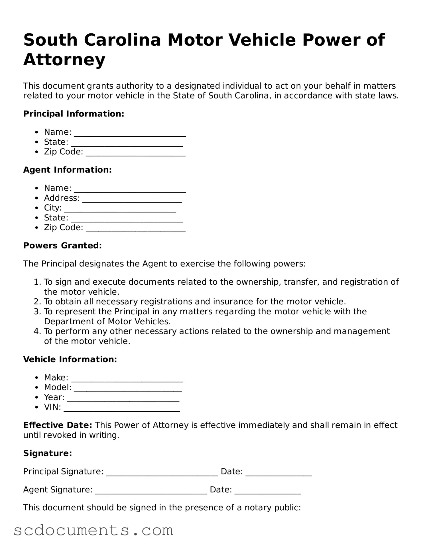 Legal South Carolina Motor Vehicle Power of Attorney Form
