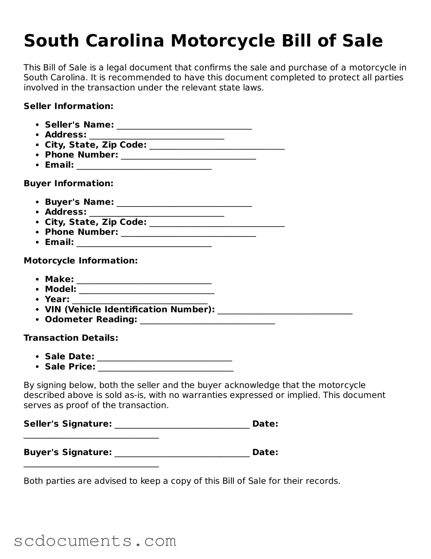 Legal South Carolina Motorcycle Bill of Sale Form