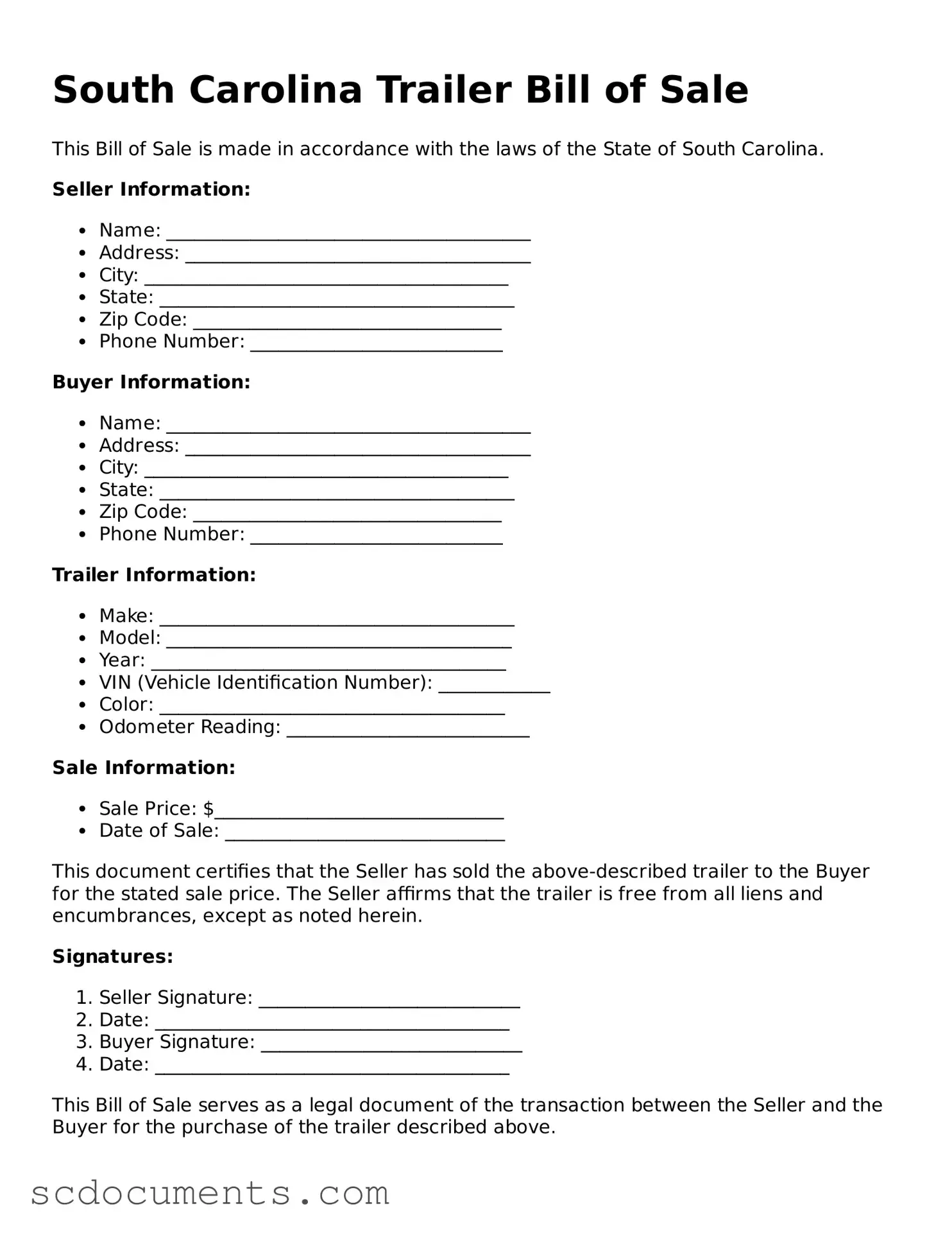 Legal South Carolina Trailer Bill of Sale Form