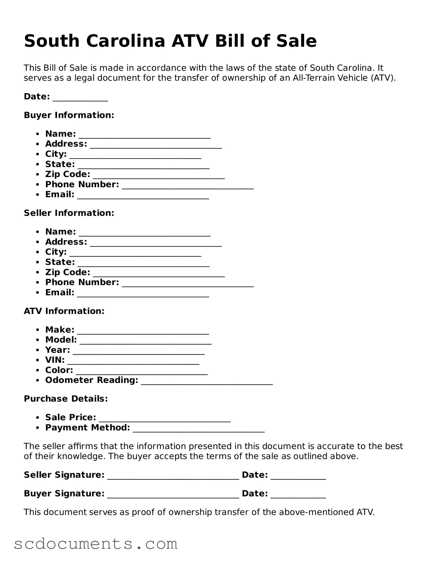 Legal South Carolina ATV Bill of Sale Form