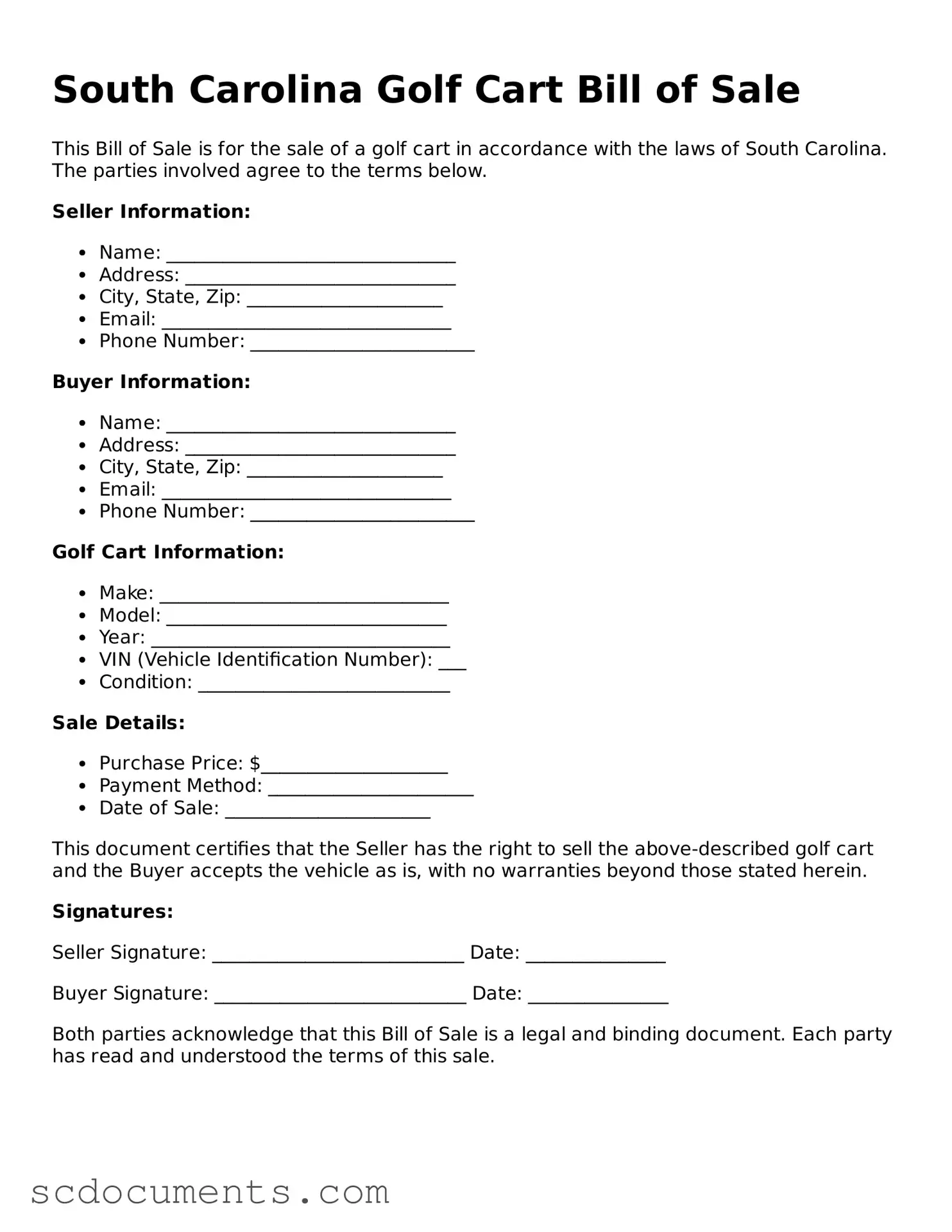 Legal South Carolina Golf Cart Bill of Sale Form