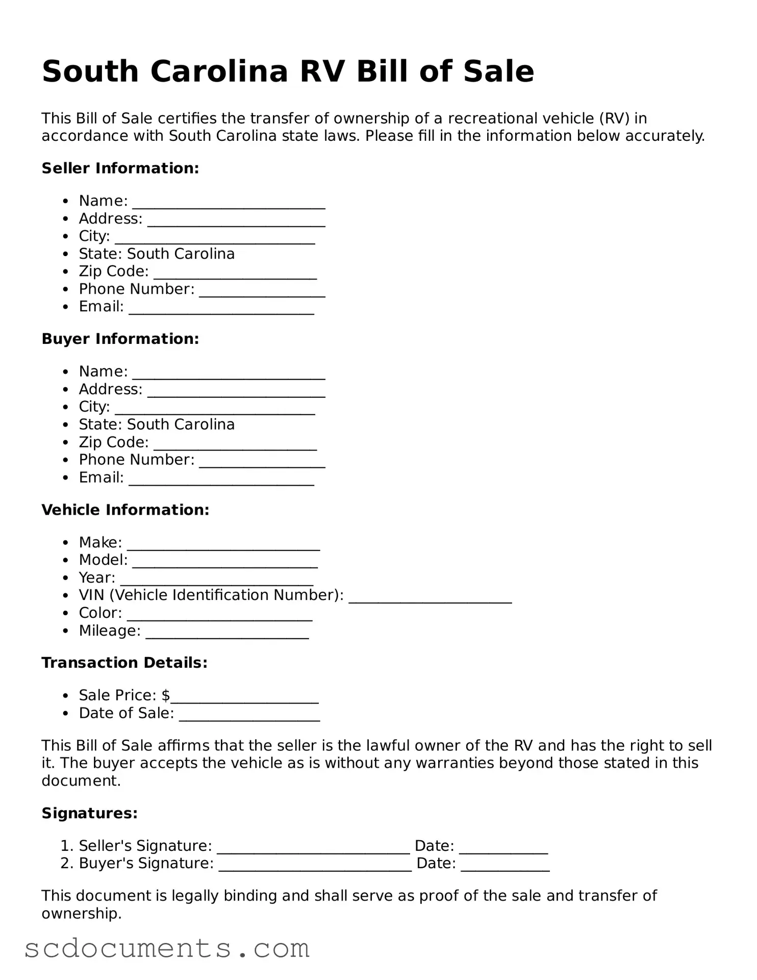 Legal South Carolina RV Bill of Sale Form
