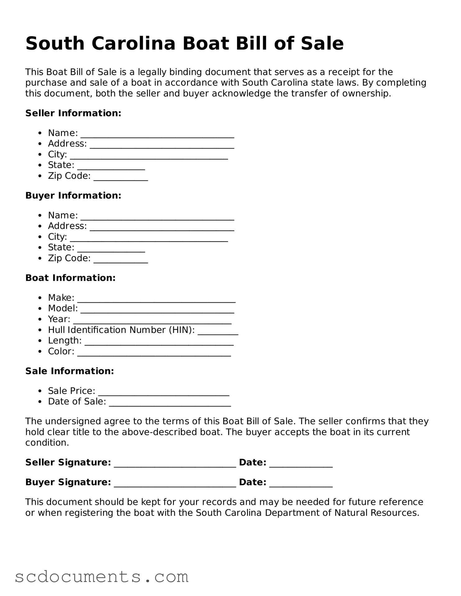 Legal South Carolina Boat Bill of Sale Form