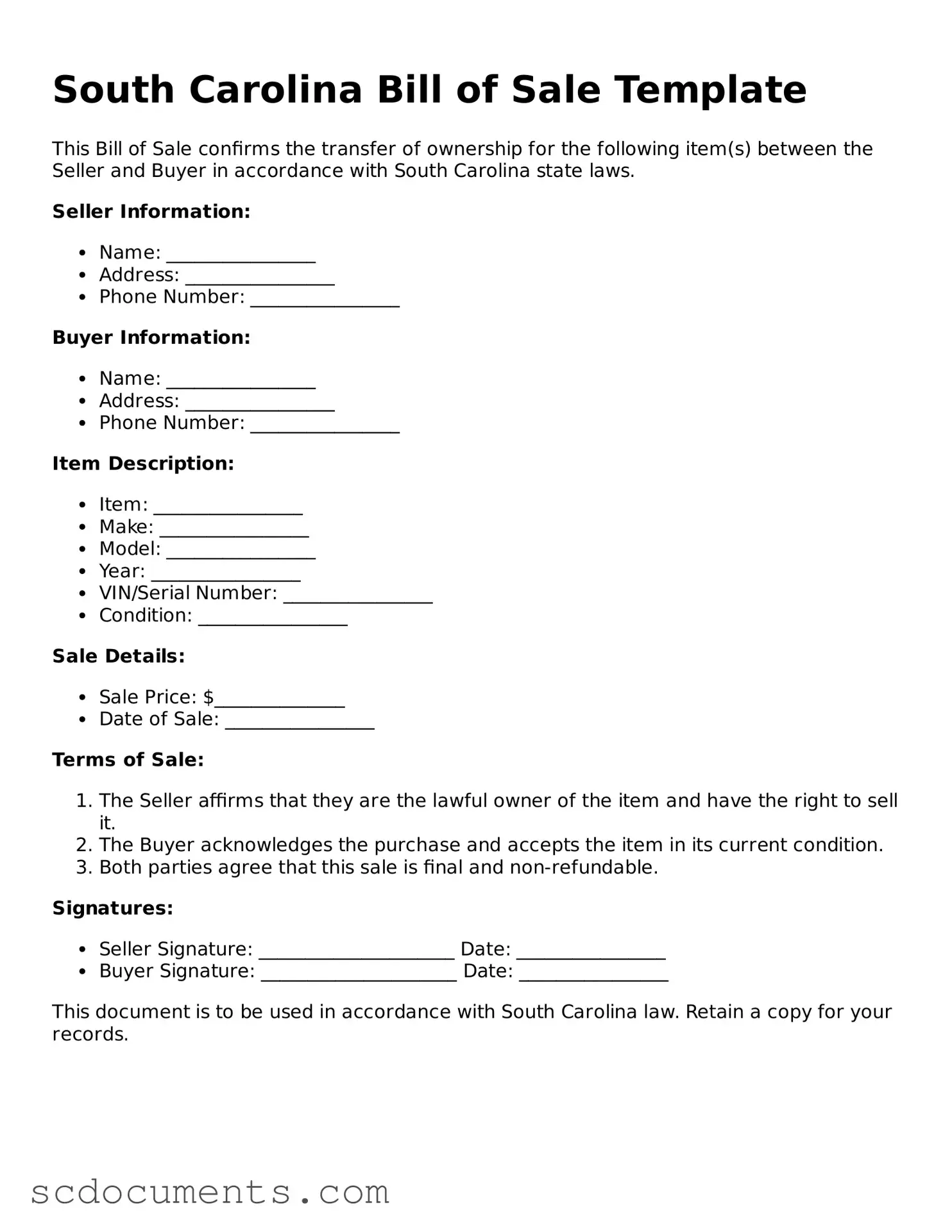 Legal South Carolina Bill of Sale Form