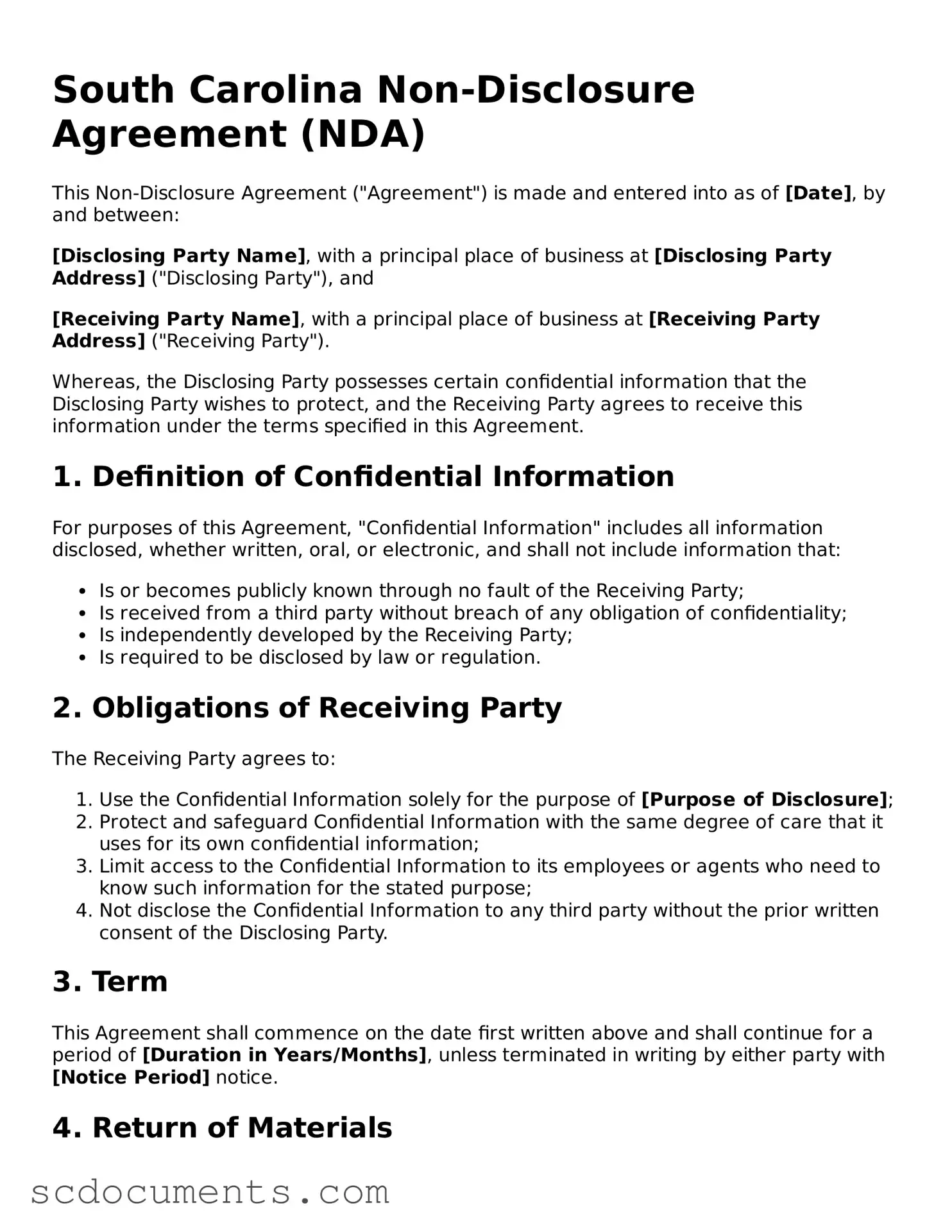 Legal South Carolina Non-disclosure Agreement Form