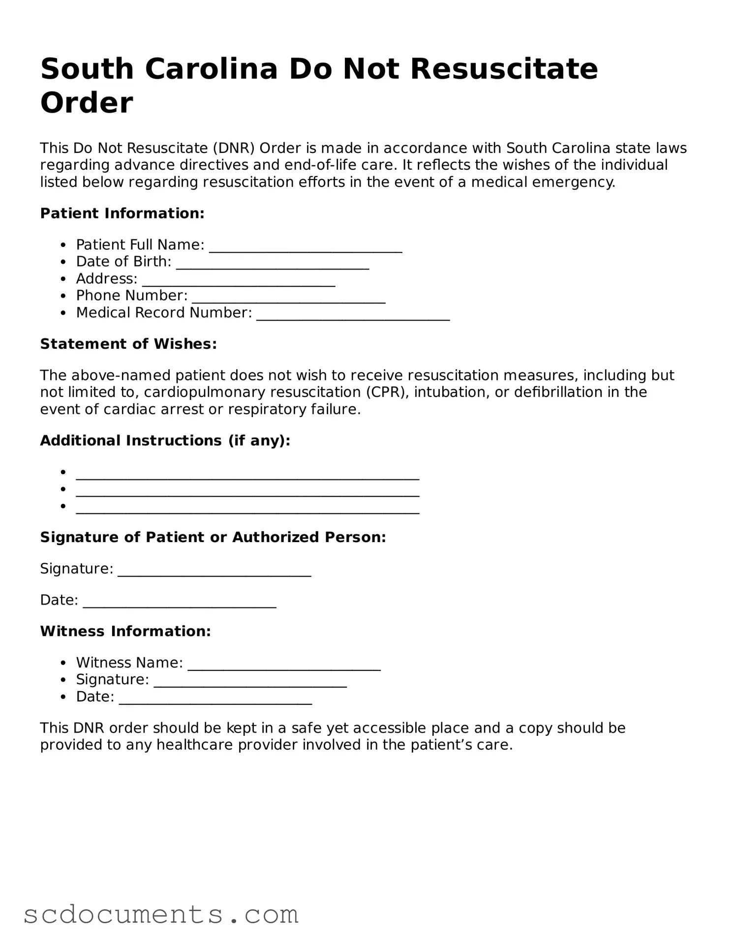 Legal South Carolina Do Not Resuscitate Order Form