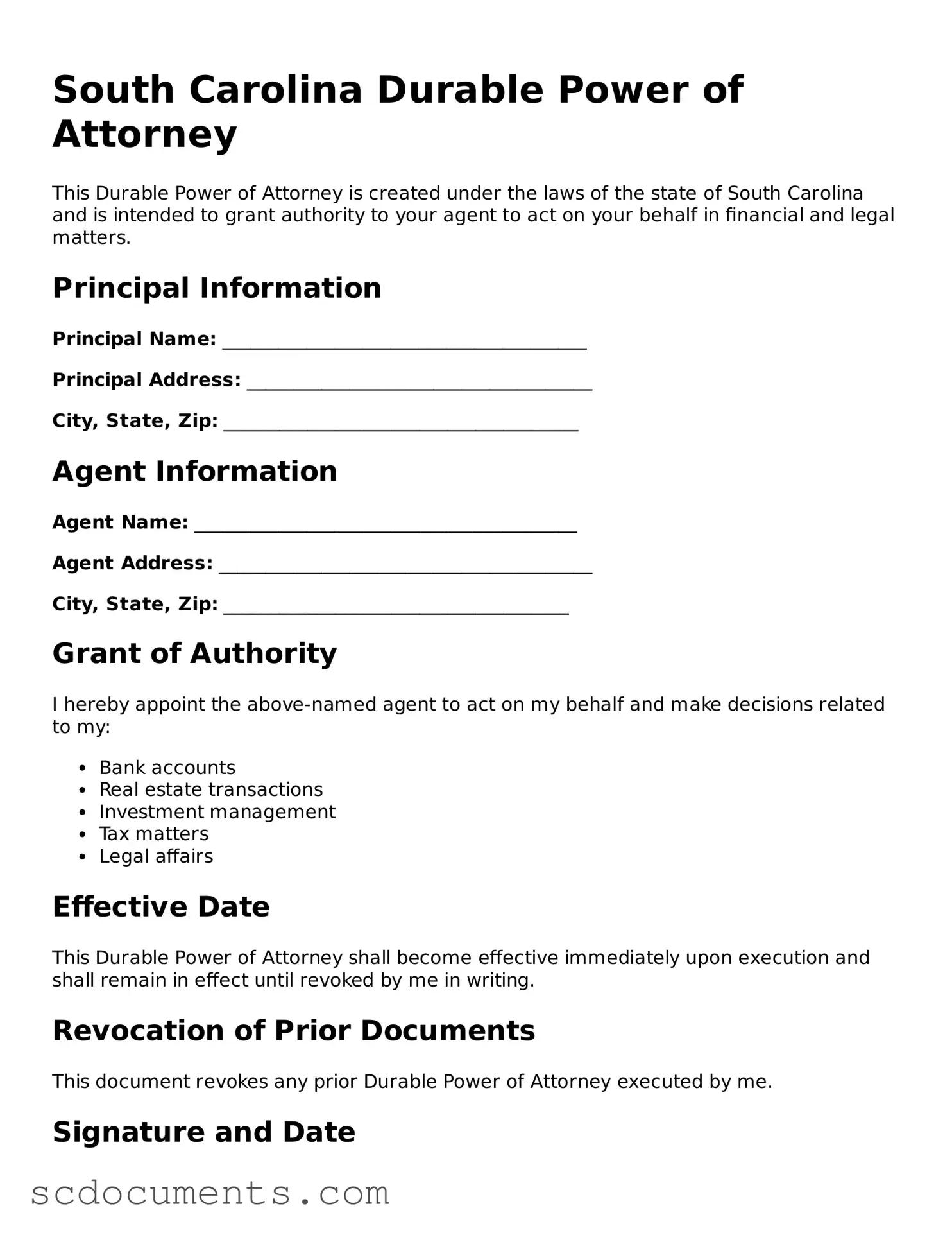 Legal South Carolina Durable Power of Attorney Form