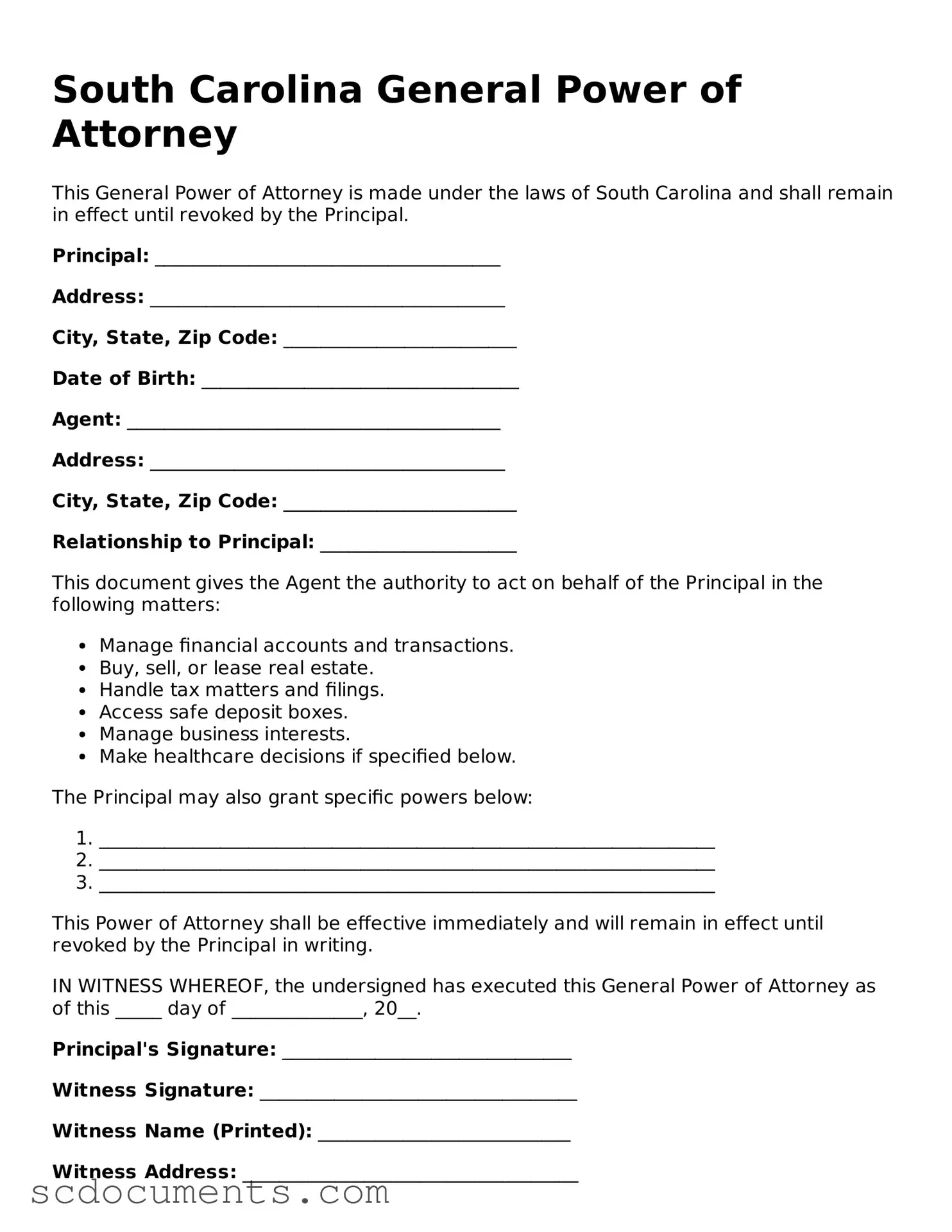Legal South Carolina General Power of Attorney Form