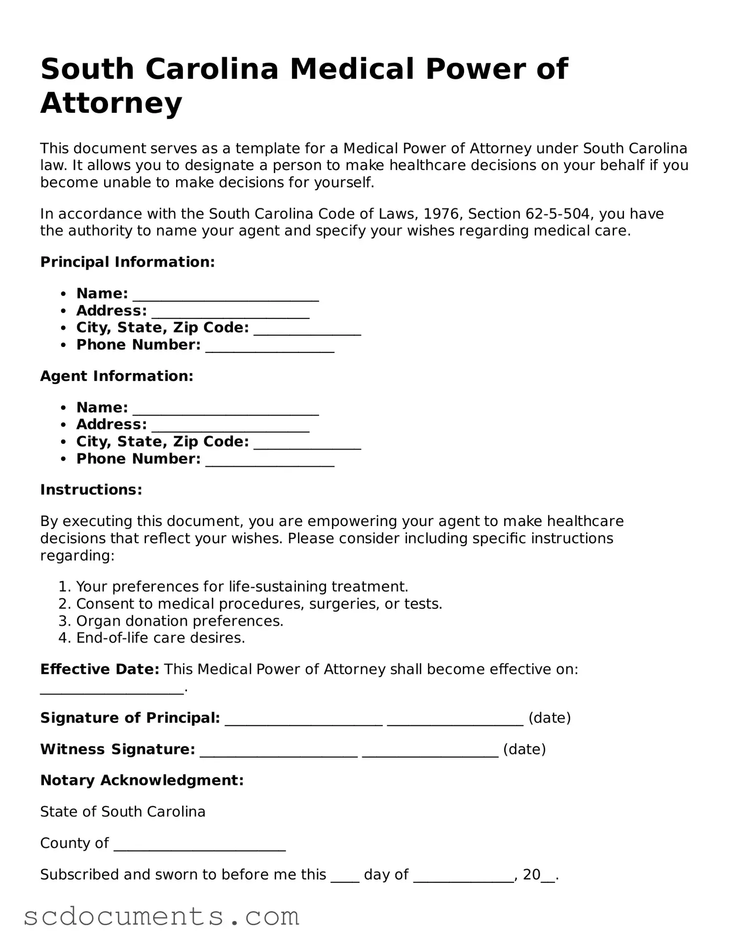 Legal South Carolina Medical Power of Attorney Form