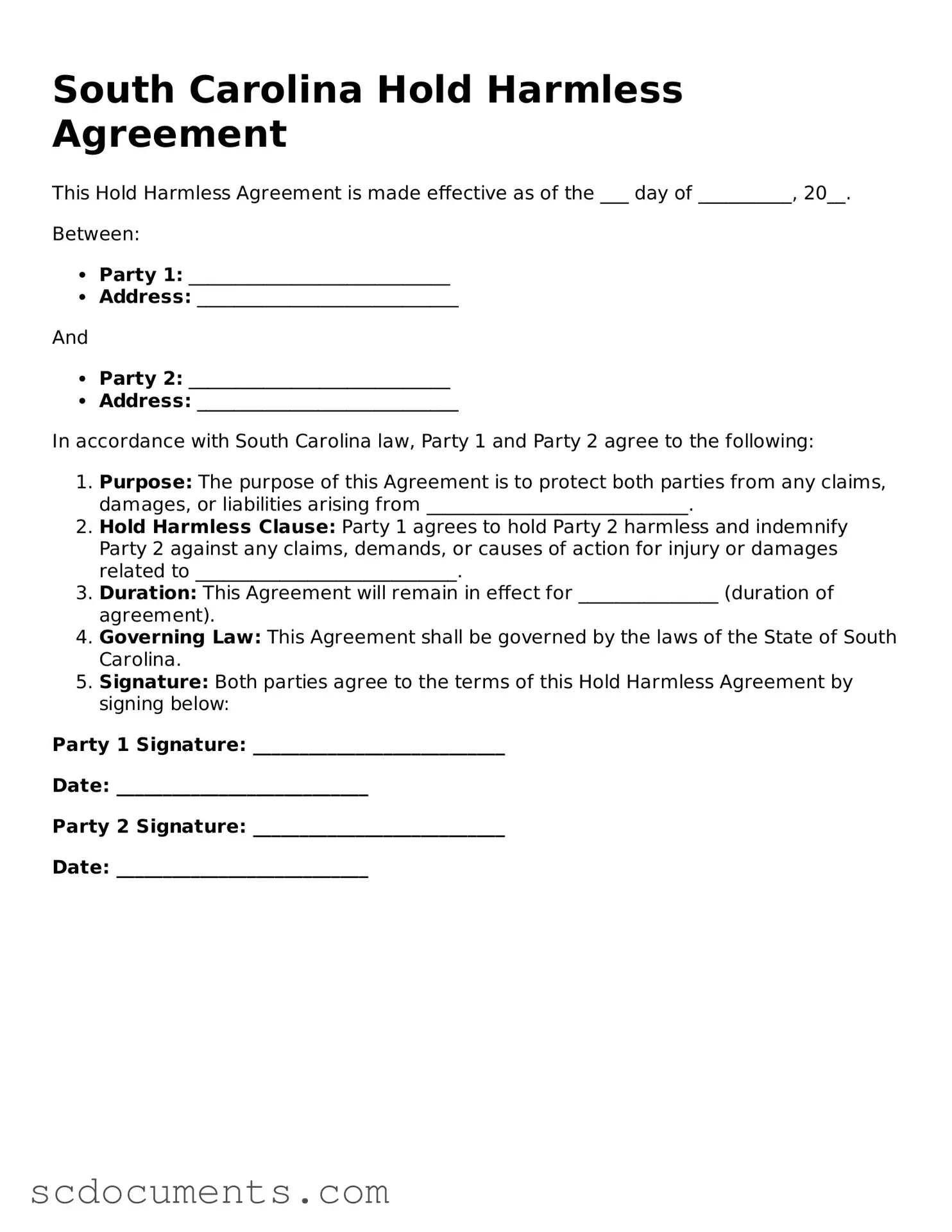 Legal South Carolina Hold Harmless Agreement Form