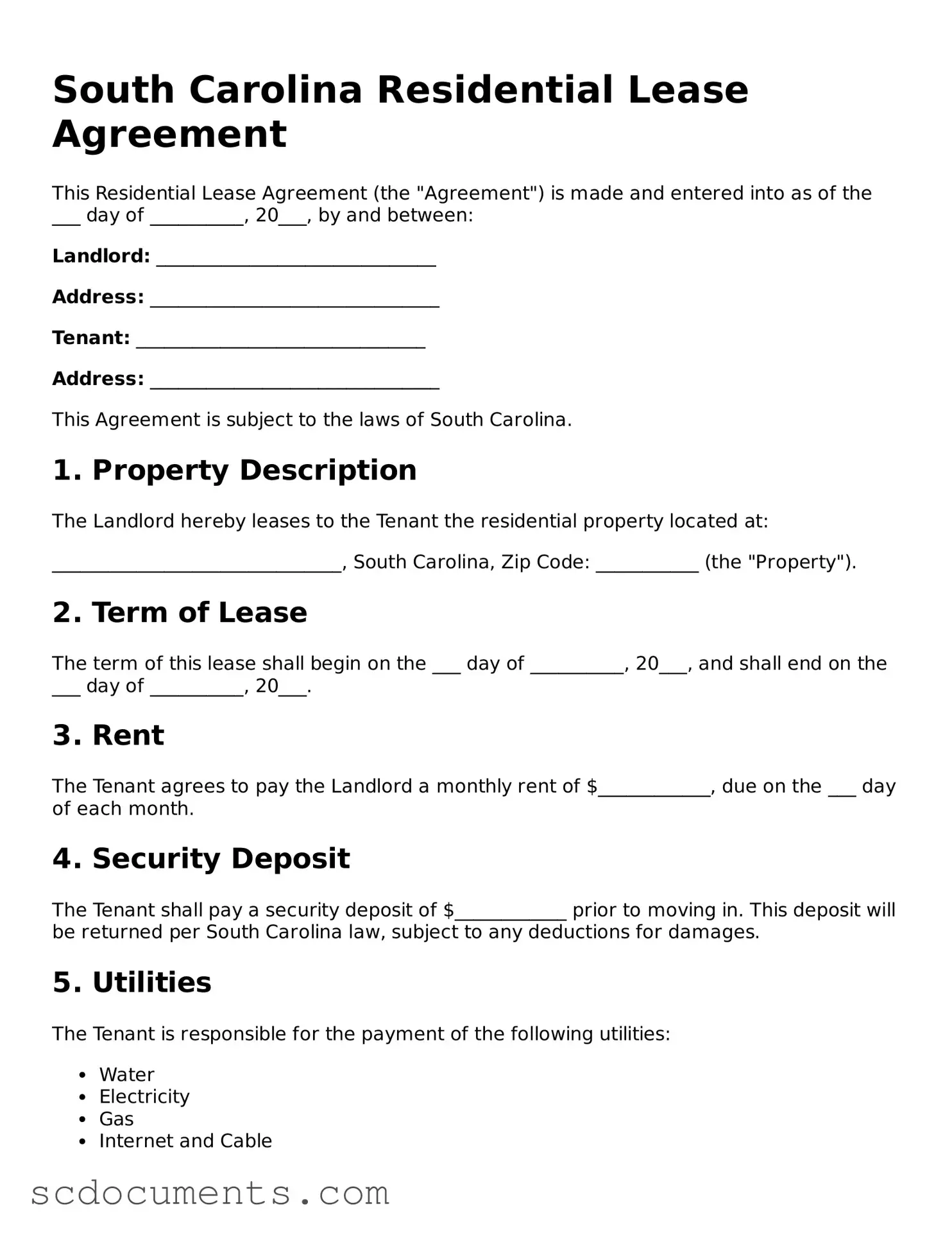 Legal South Carolina Residential Lease Agreement Form
