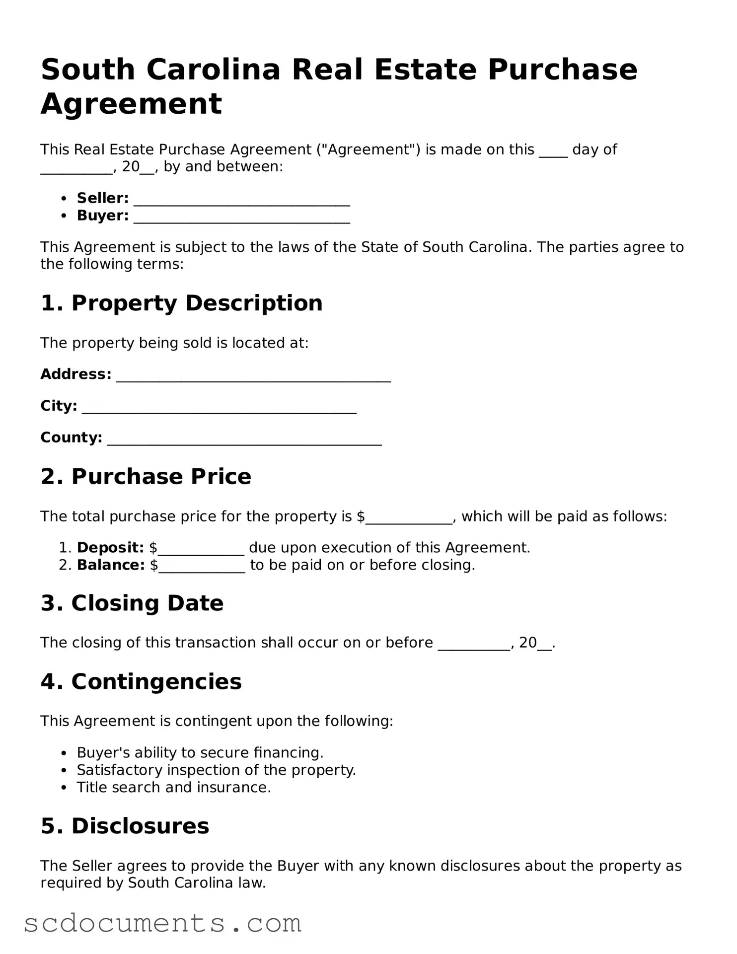 Legal South Carolina Real Estate Purchase Agreement Form