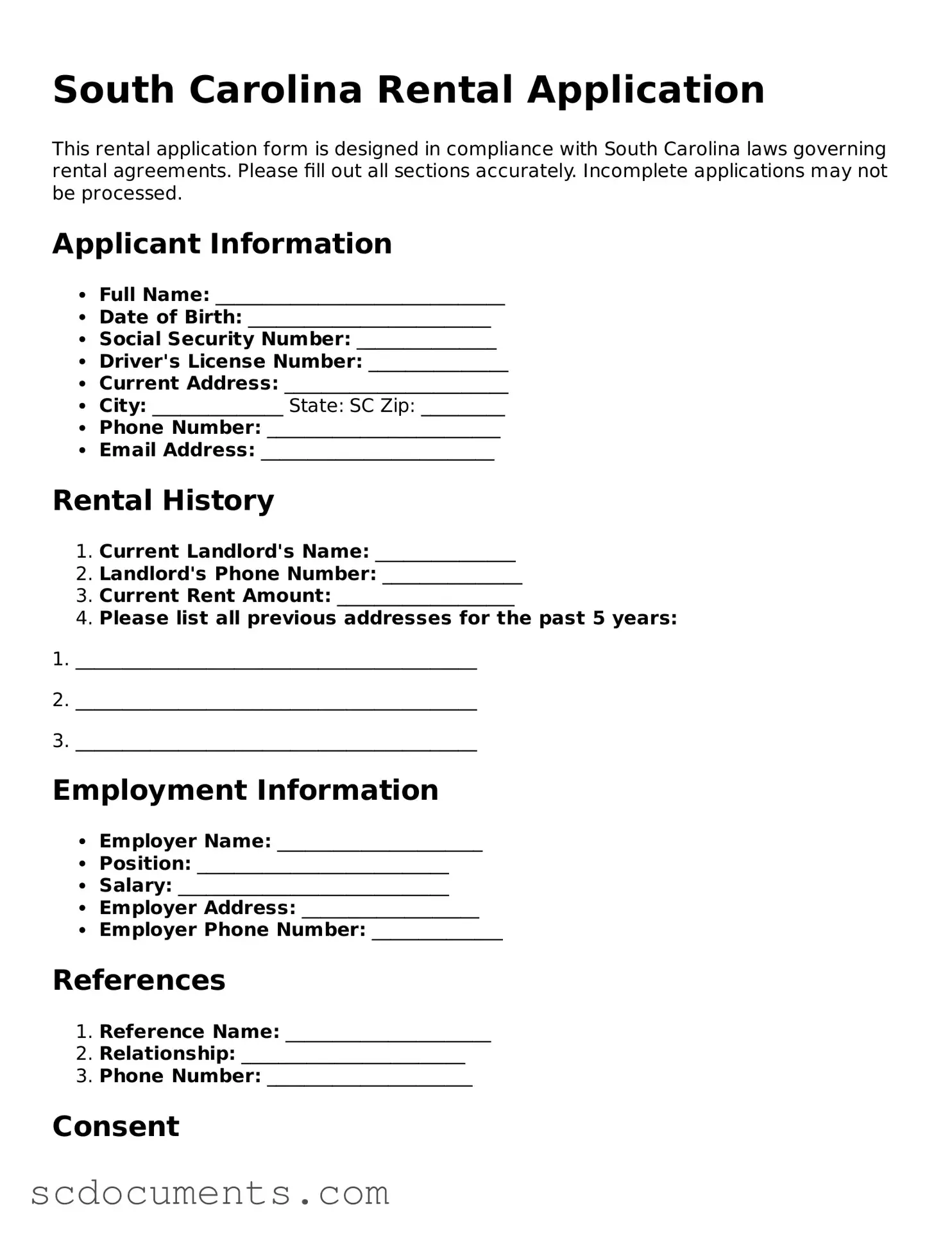 Legal South Carolina Rental Application Form