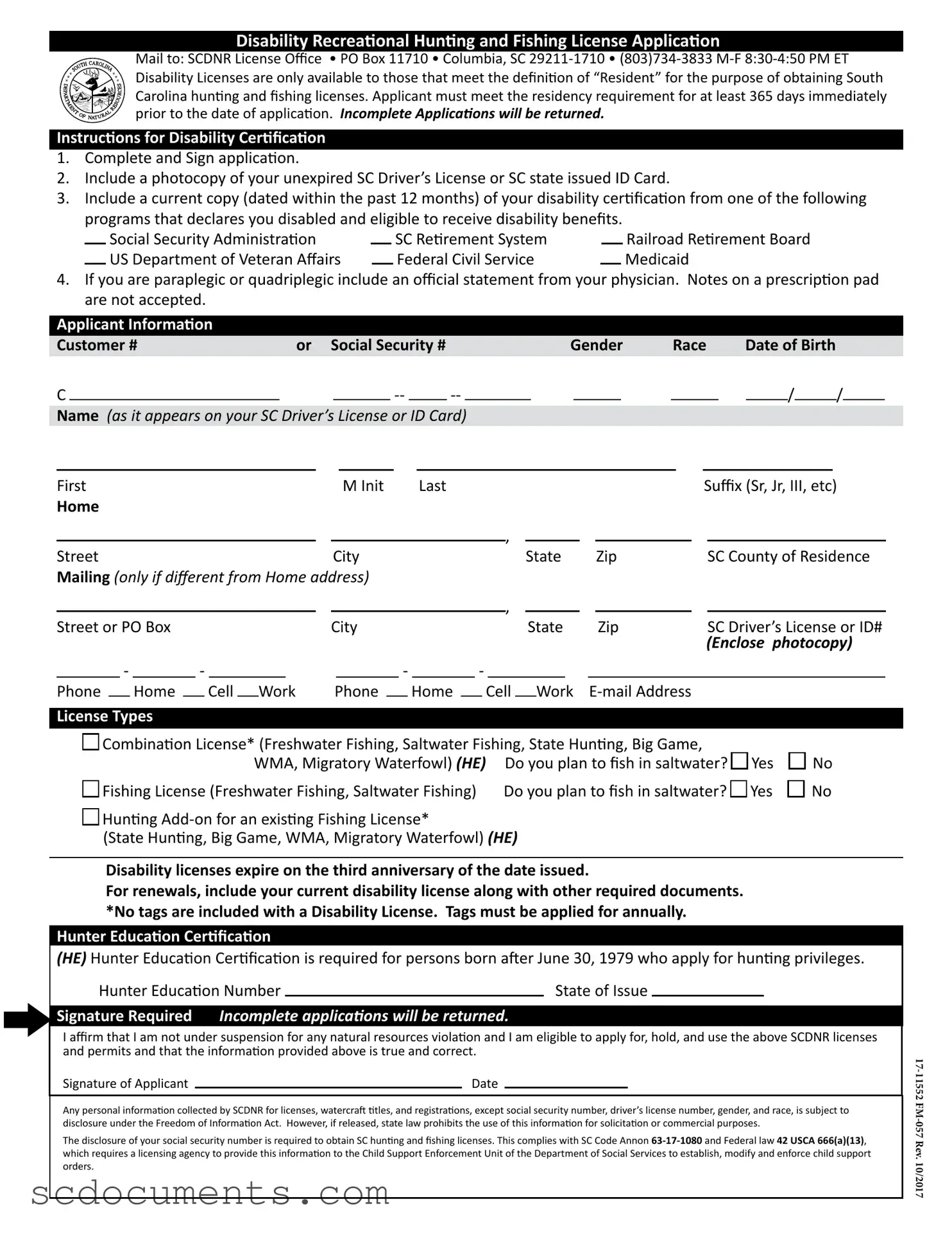 Blank South Carolina Hunting And Fishing License Template