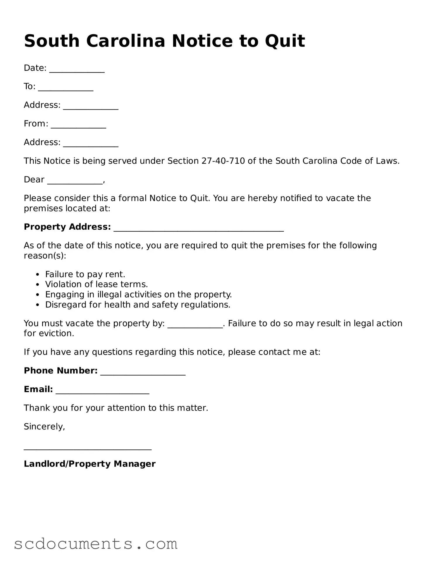 Legal South Carolina Notice to Quit Form