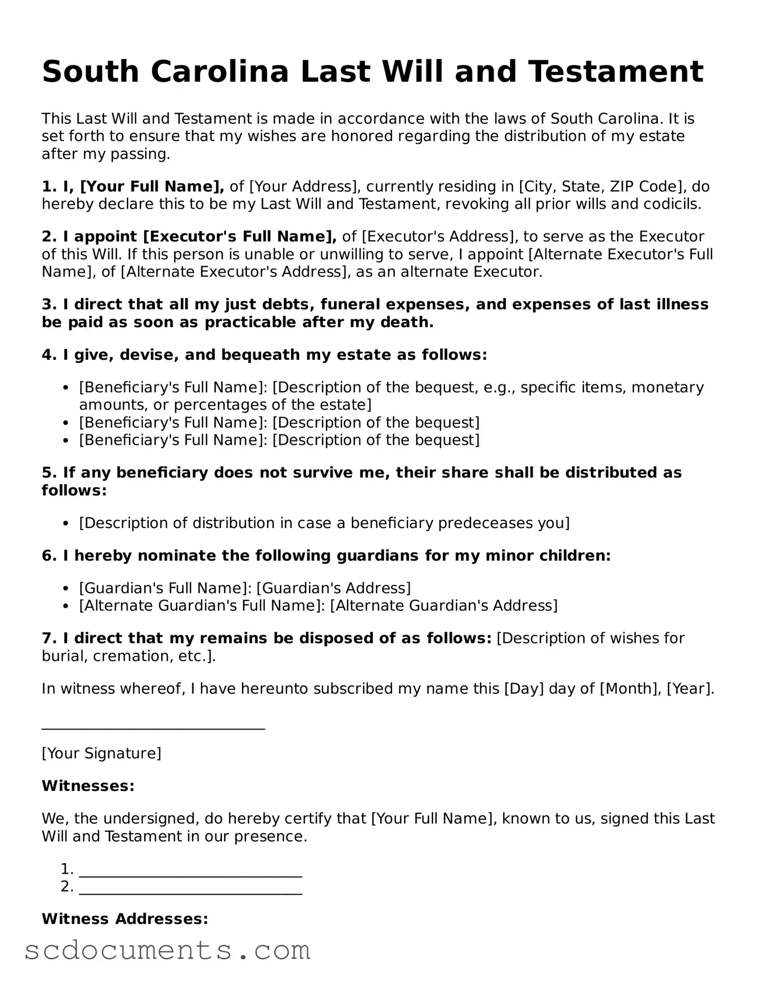 Legal South Carolina Last Will and Testament Form