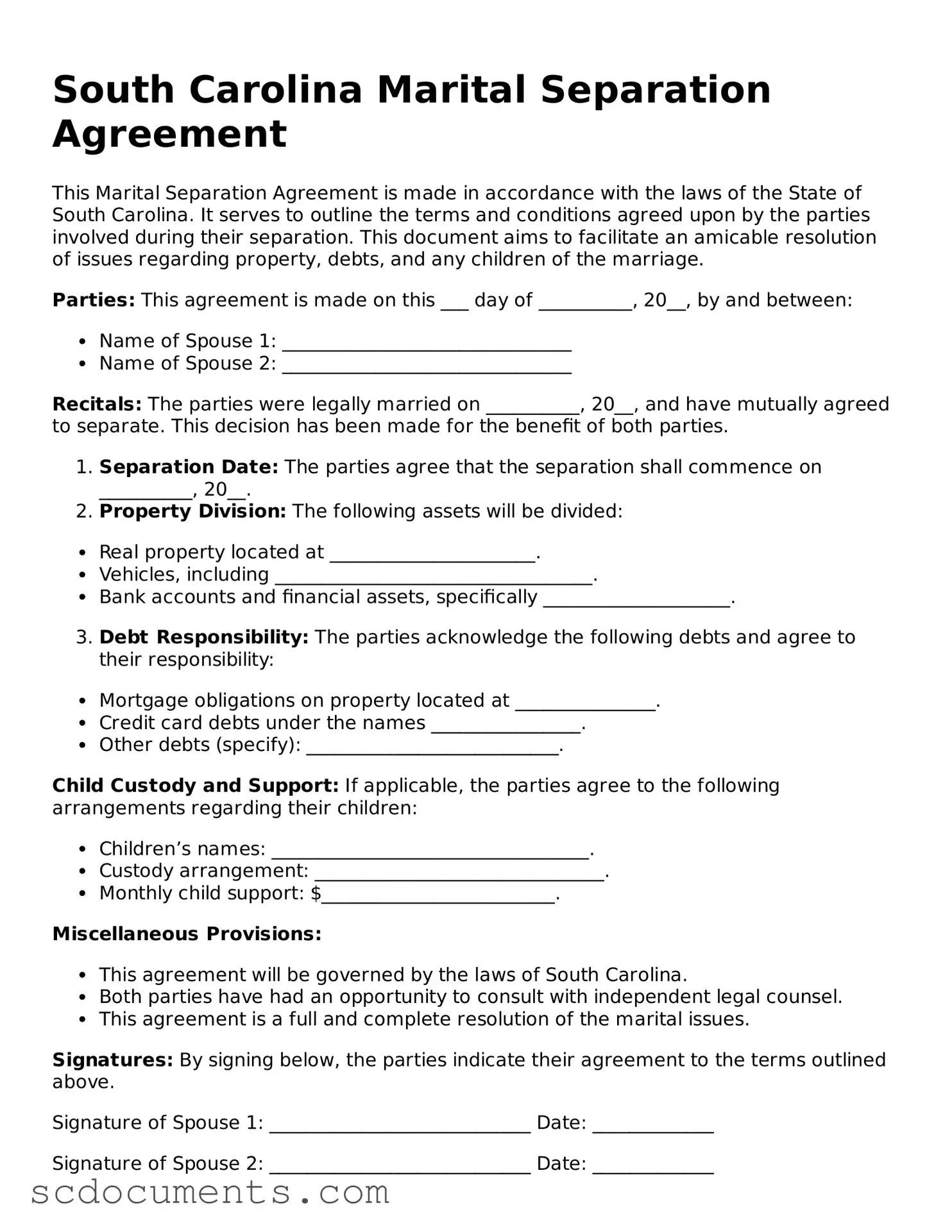Legal South Carolina Marital Separation Agreement Form