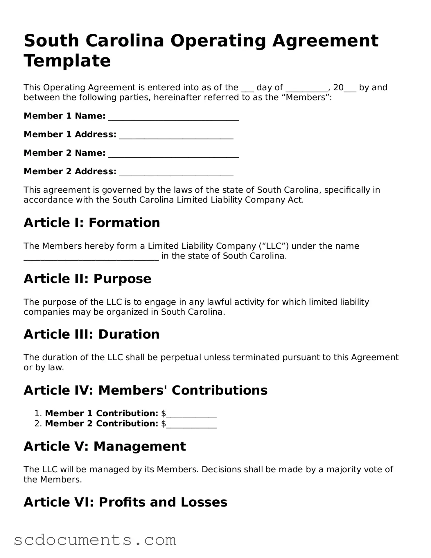 Legal South Carolina Operating Agreement Form