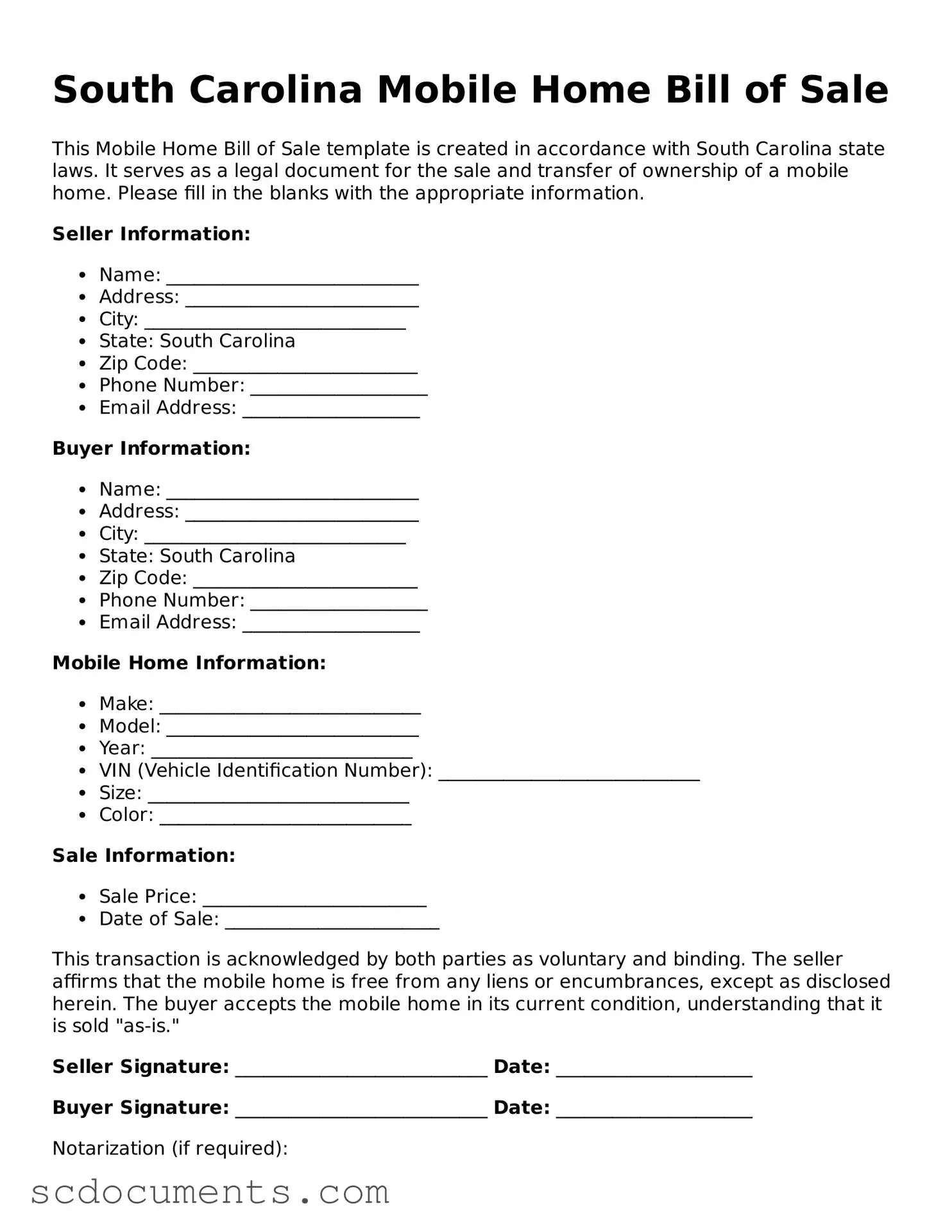 Legal South Carolina Mobile Home Bill of Sale Form