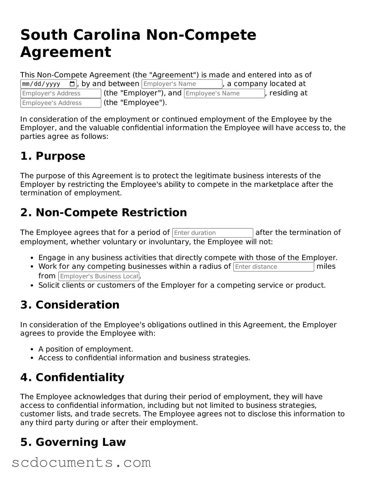 Legal South Carolina Non-compete Agreement Form