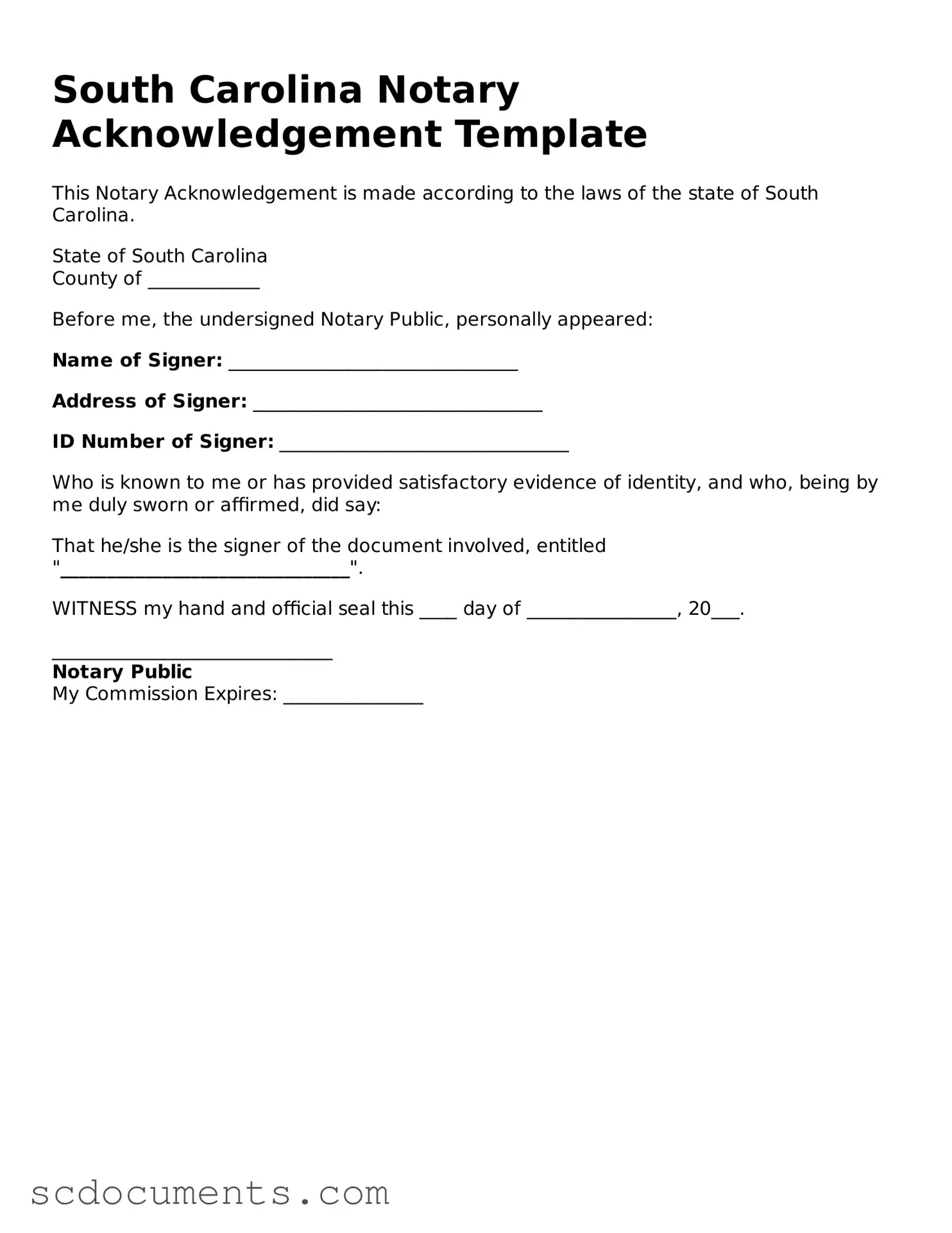 Legal South Carolina Notary Acknowledgement Form