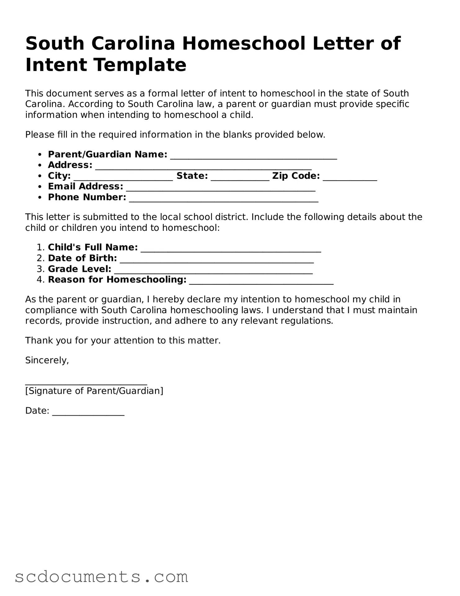 Legal South Carolina Homeschool Letter of Intent Form