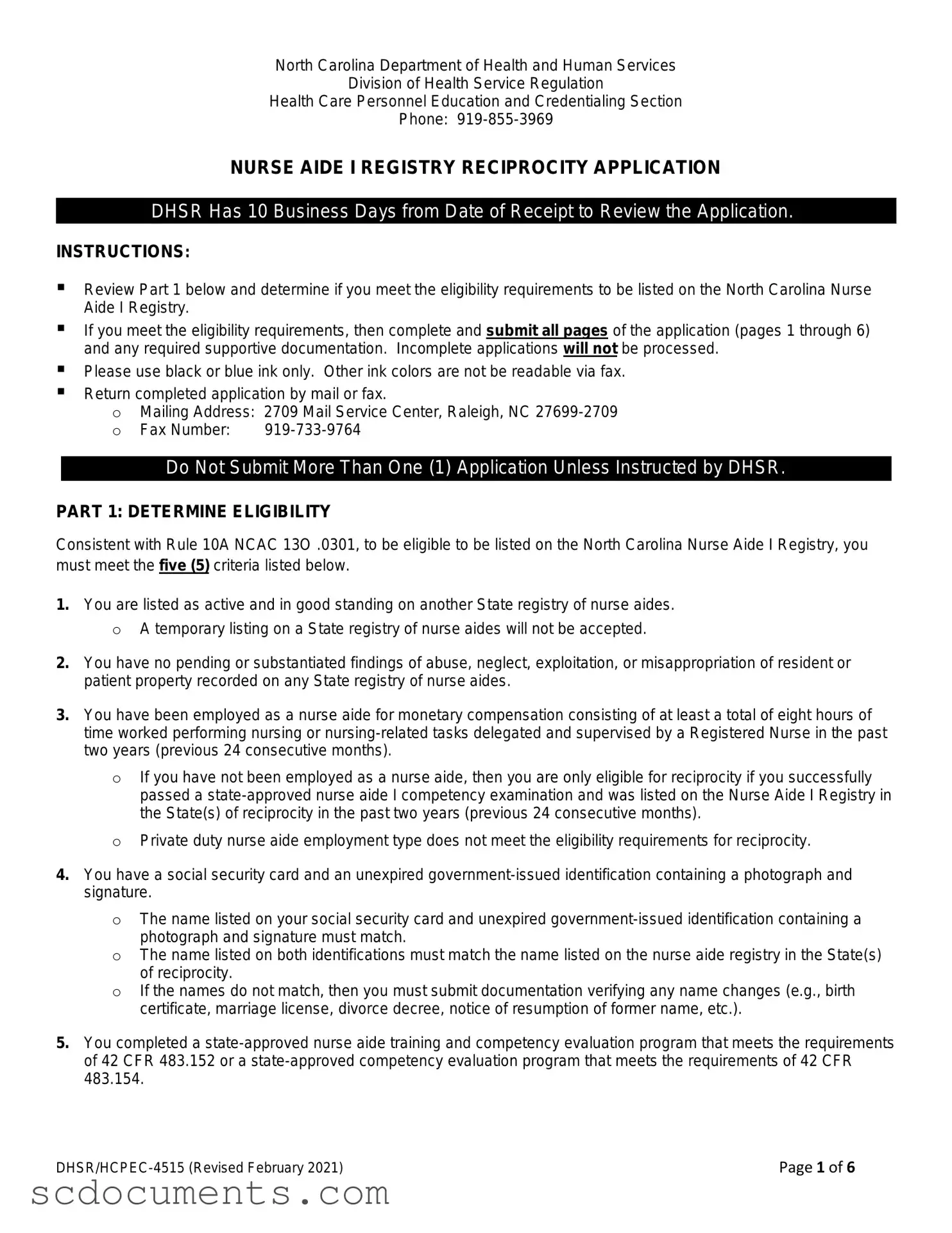 Blank South Carolina Nurse Aide Template