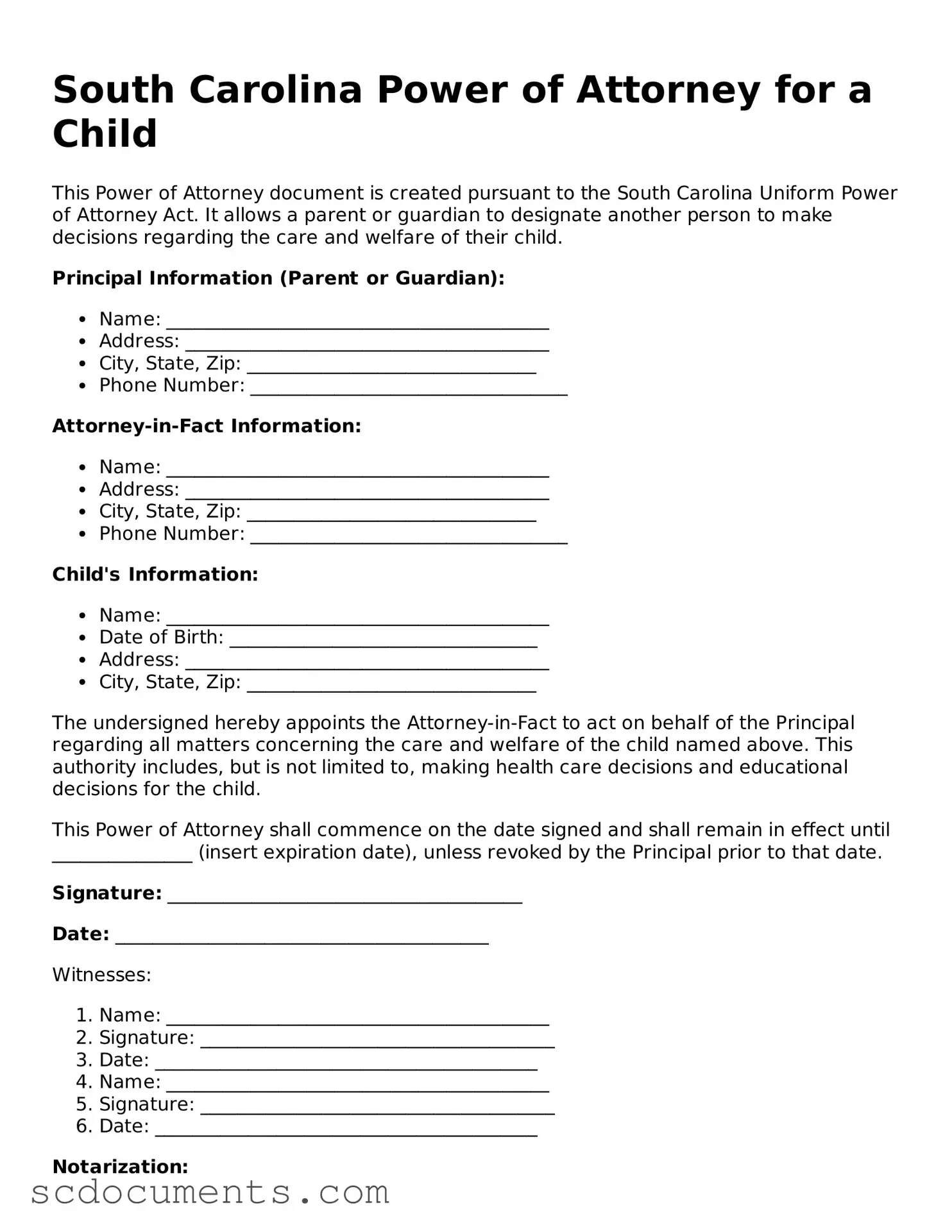 Legal South Carolina Power of Attorney for a Child Form