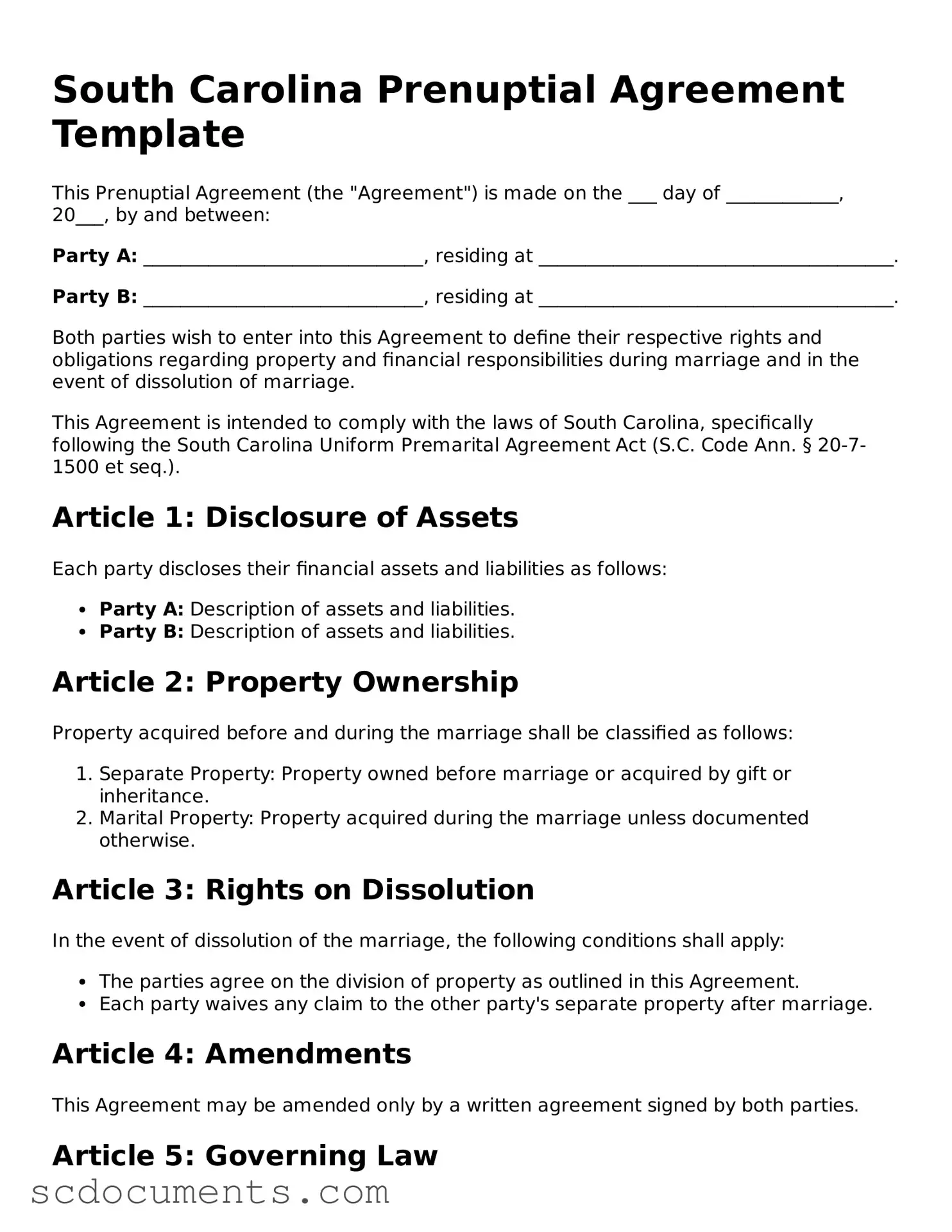 Legal South Carolina Prenuptial Agreement Form