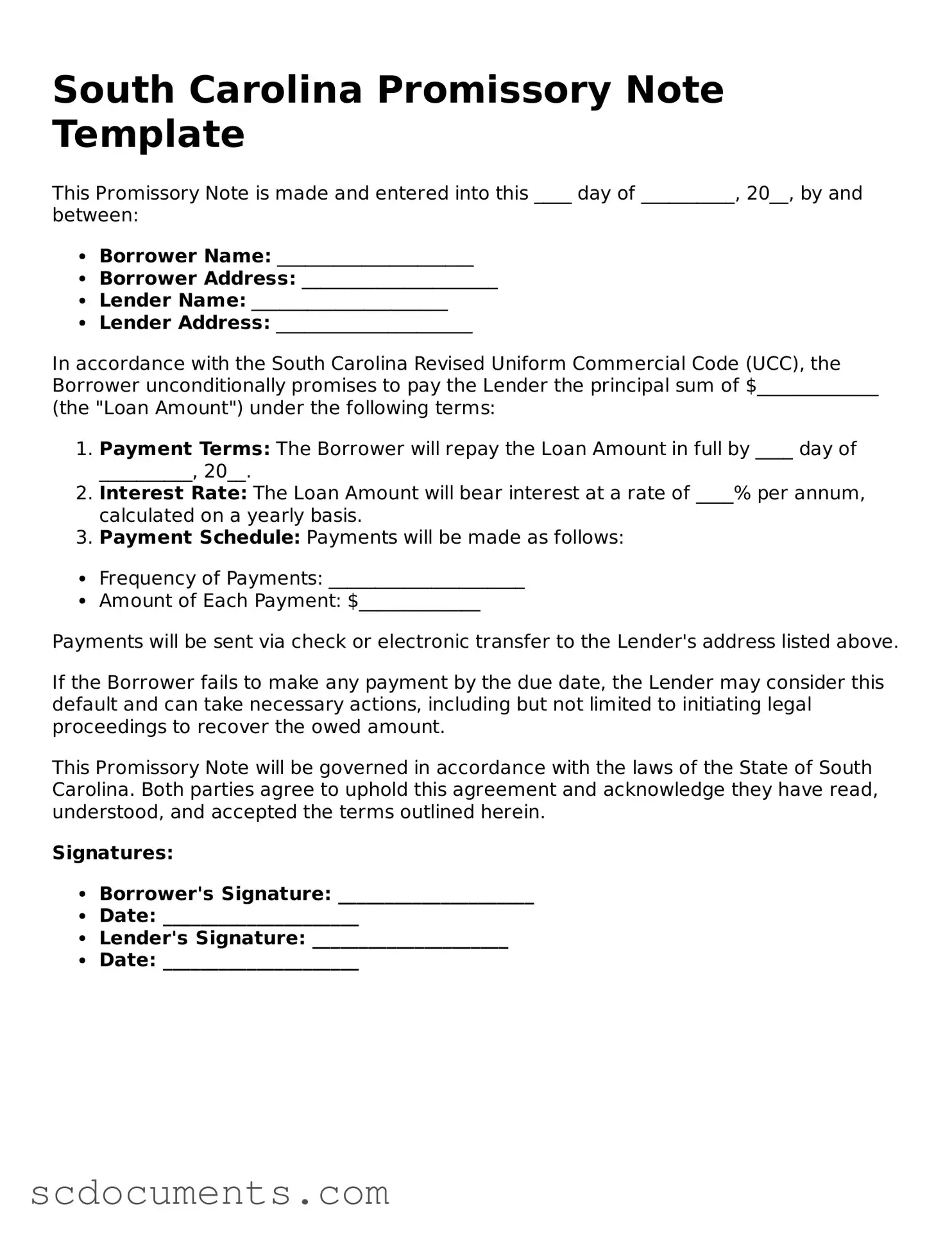 Legal South Carolina Promissory Note Form