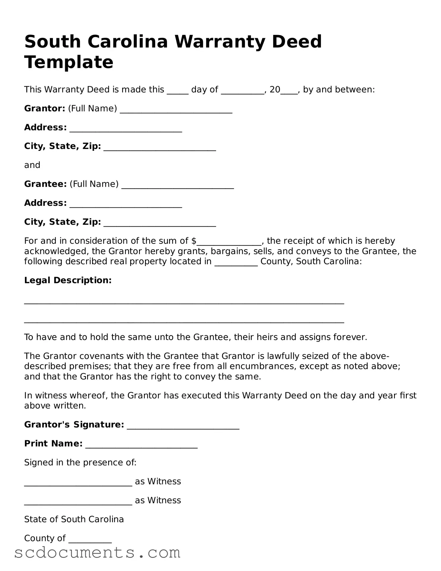 Legal South Carolina Deed Form