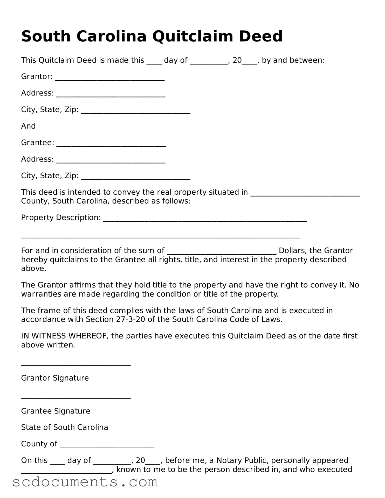 Legal South Carolina Quitclaim Deed Form