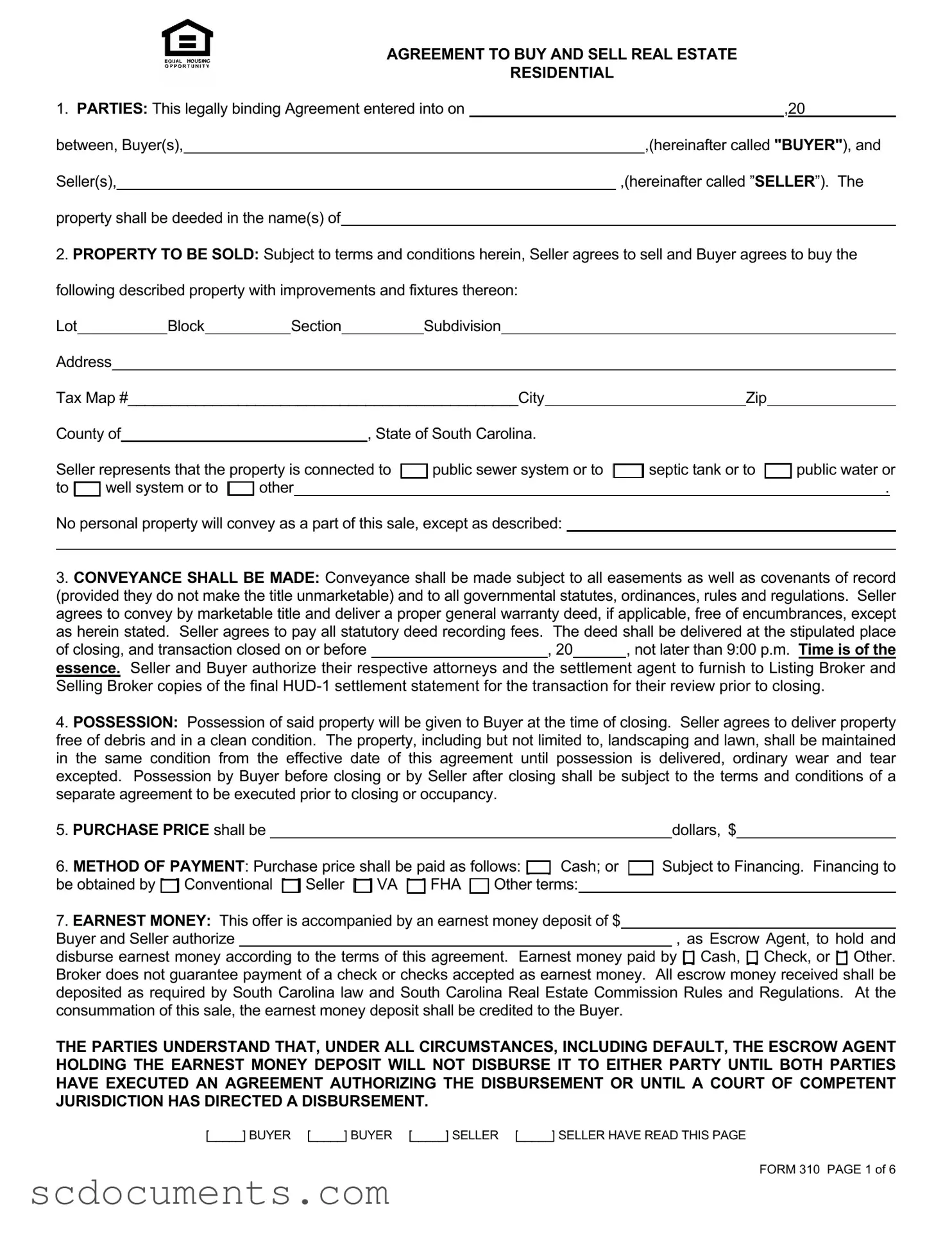 Blank South Carolina Real Estate Contract 310 Template