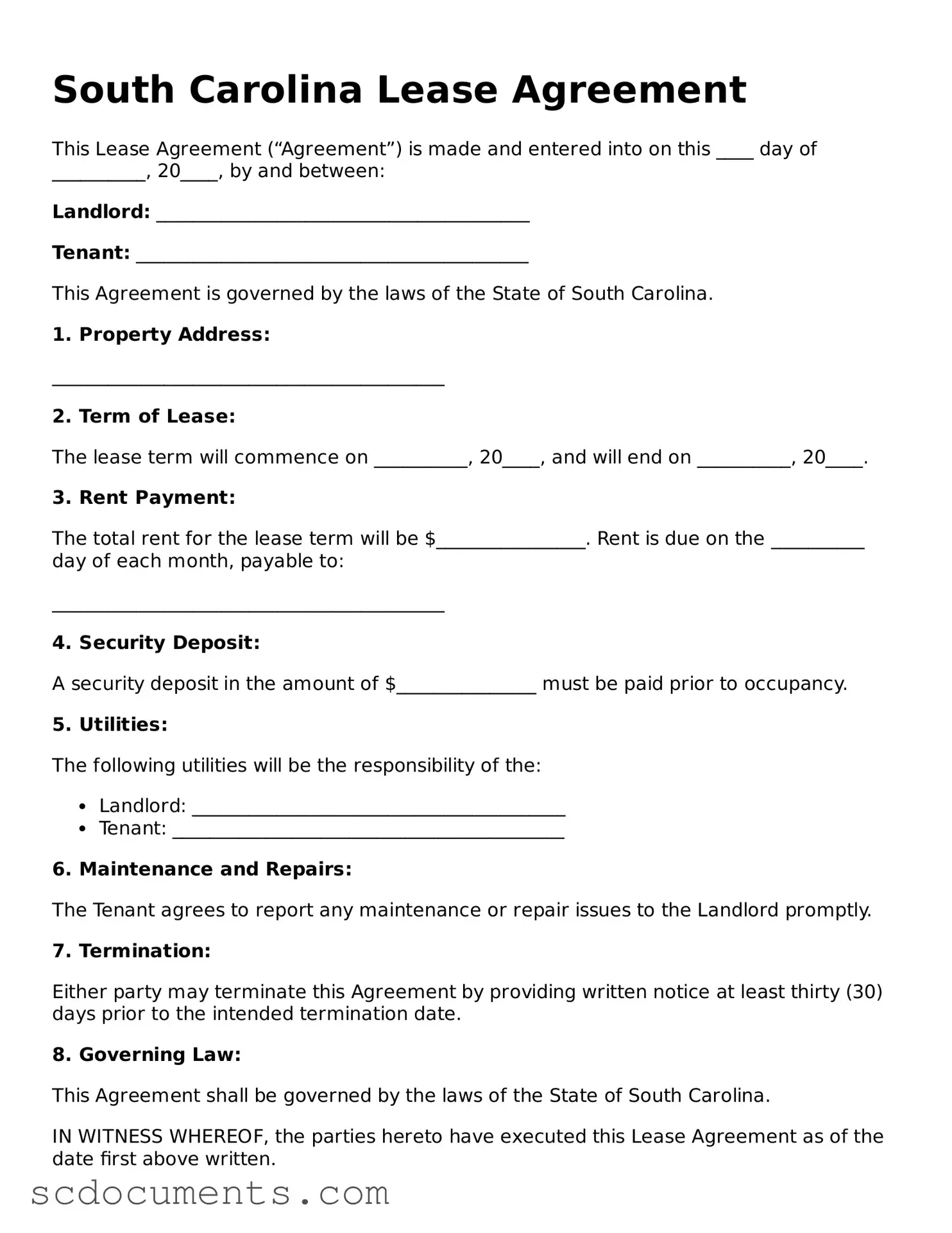 Legal South Carolina Lease Agreement Form
