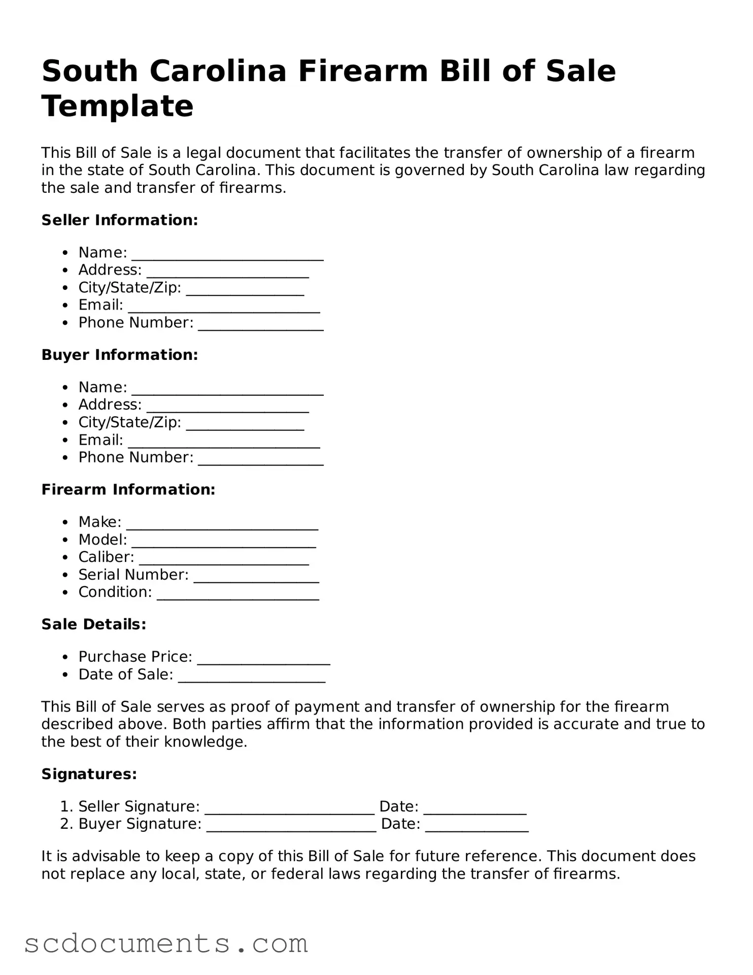 Legal South Carolina Firearm Bill of Sale Form