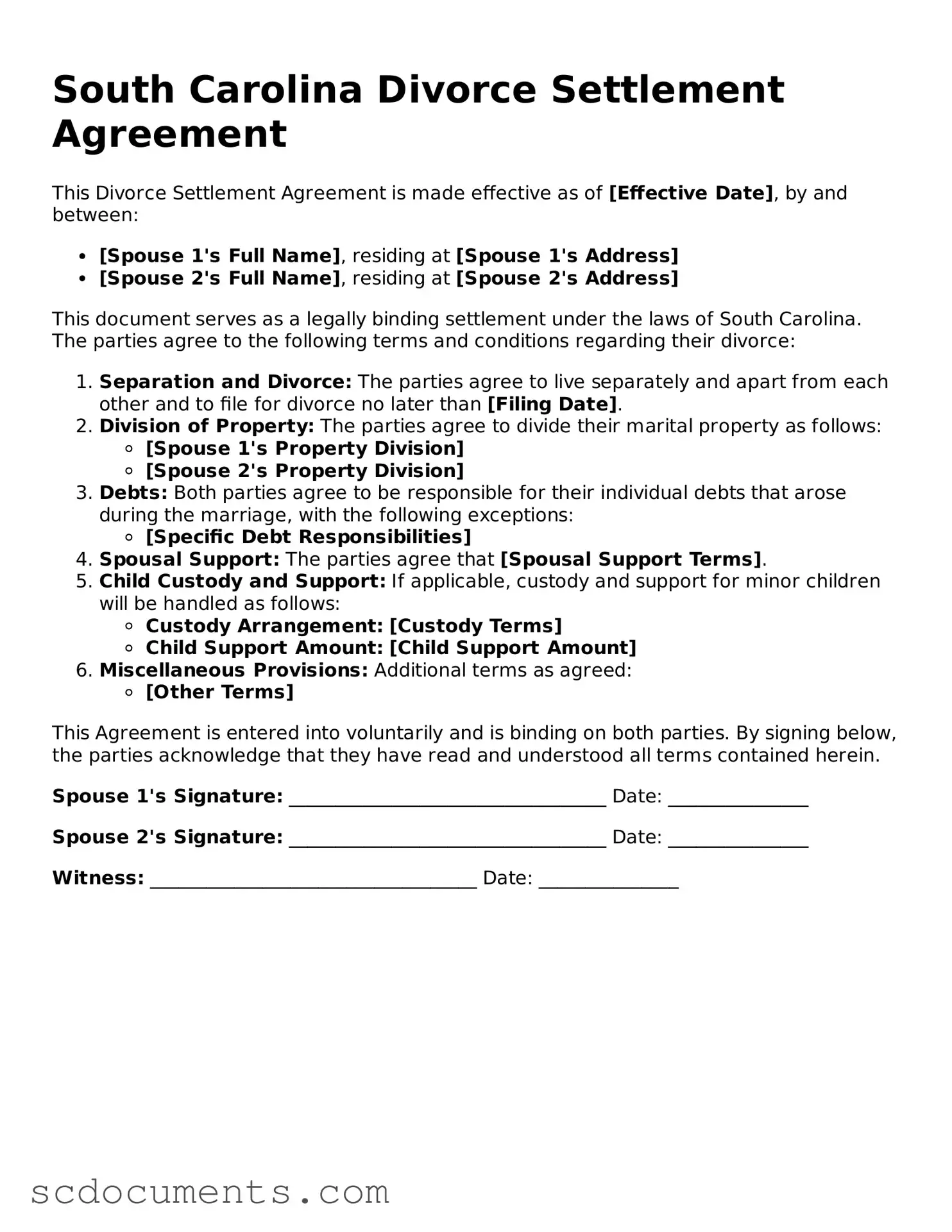 Legal South Carolina Divorce Settlement Agreement Form